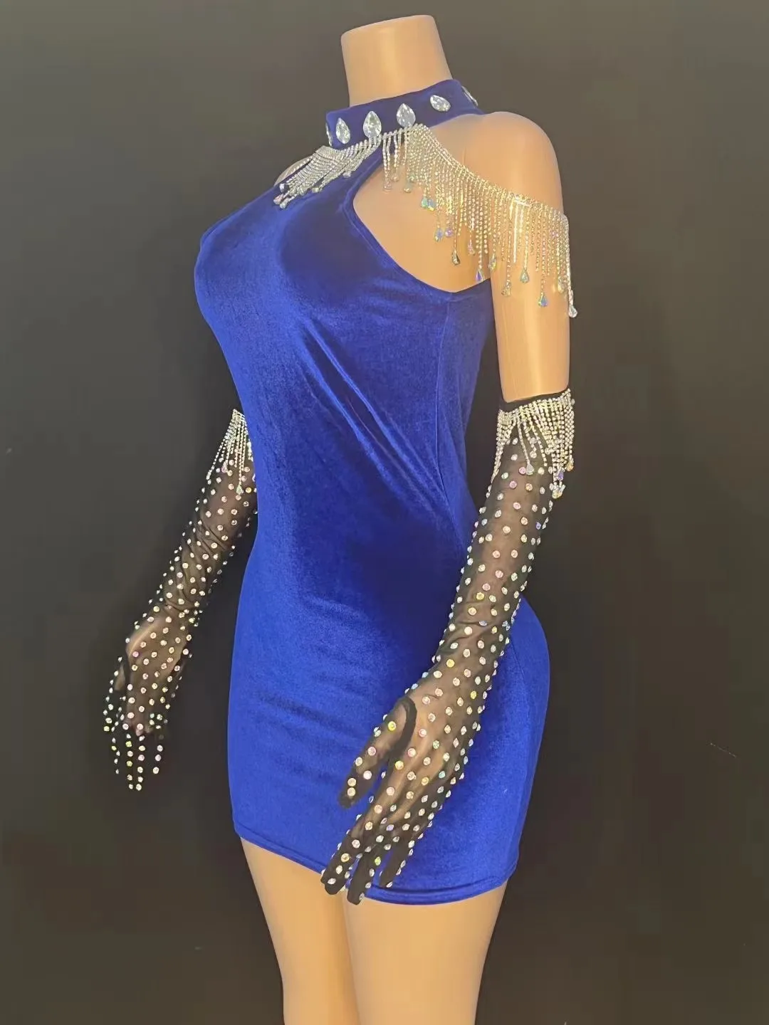 

Customized New Tassels Mesh lace Transparent High Elastic Short Sleeve Glove Sexy Tight Party Dress Stage Performance Dress