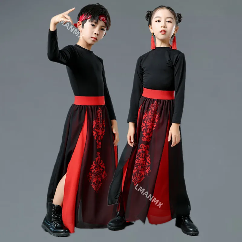 Children Chinese Style Jazz Dance Costume Red Black Hip-Hop Dance Wear Group Performance Stage Costumes Festival Outfits