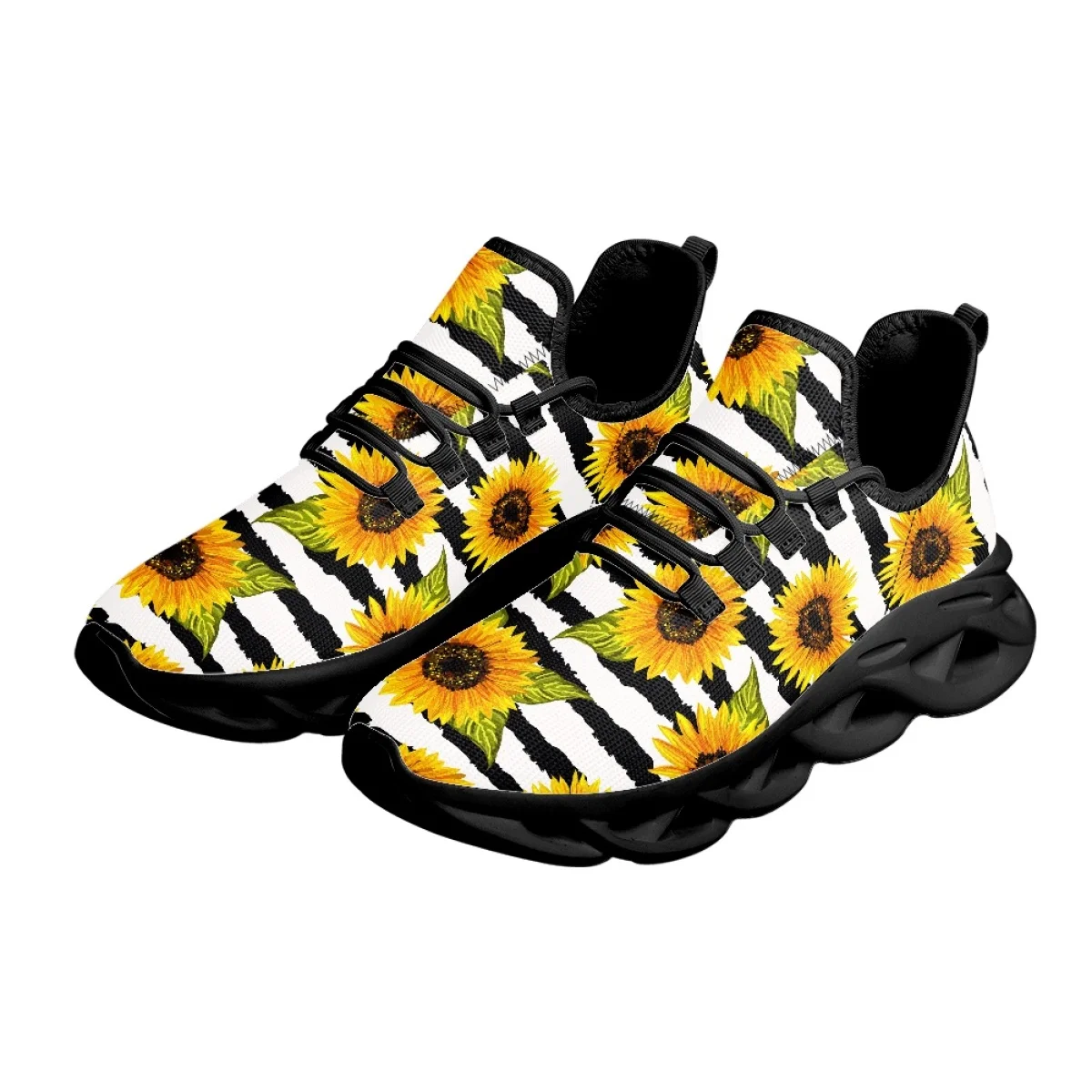 INSTANTARTS Sunflower Black and White Stripes Comfortable Flat Shoes Summer Breathable Cute Women's Sneakers Mesh Walking Shoes