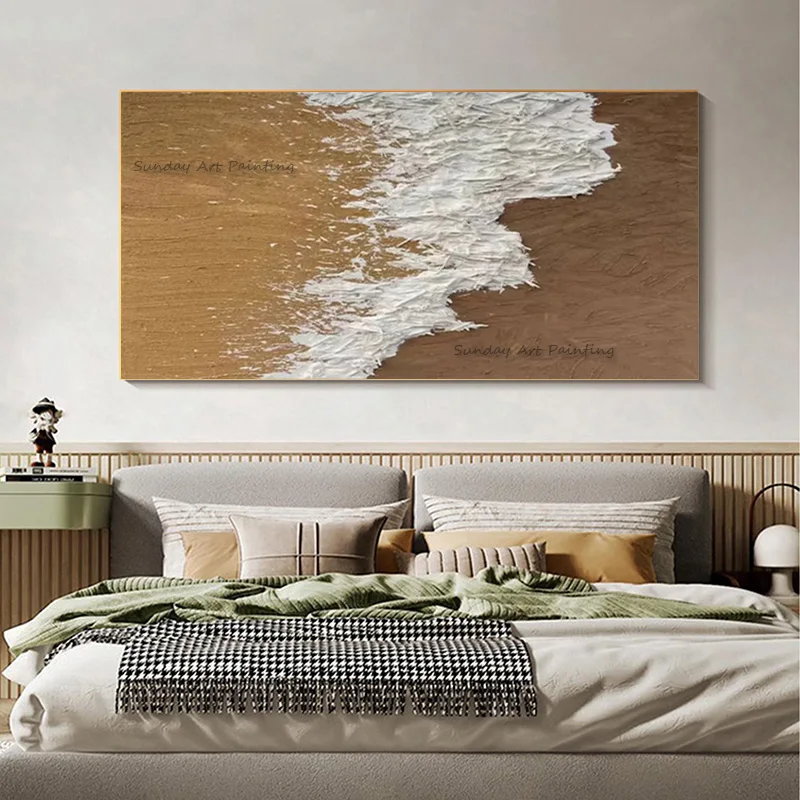 Abstract Hand Drawn Brown Yellow And White Seawaves Knife Thick Wall Art On Canvas New Design Blue White Ocean View Oil Painting