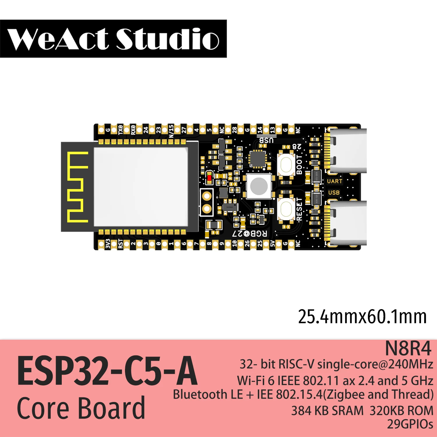 WeAct ESP32-C5-A Development Board Espressif Systems 2.4 & 5 GHz Dual-Band Wi-Fi 6, Chip Revision v1.0 ESP32C5-WROOM1-N8R4