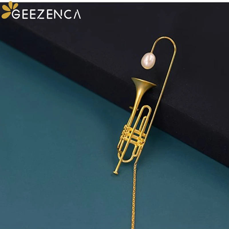 GEEZENCA 925 Silver Pearl Tassel Jazz Trumpet Brooches For Women Original Design Chic Clothing Accessories Pins Brooch 2023 New