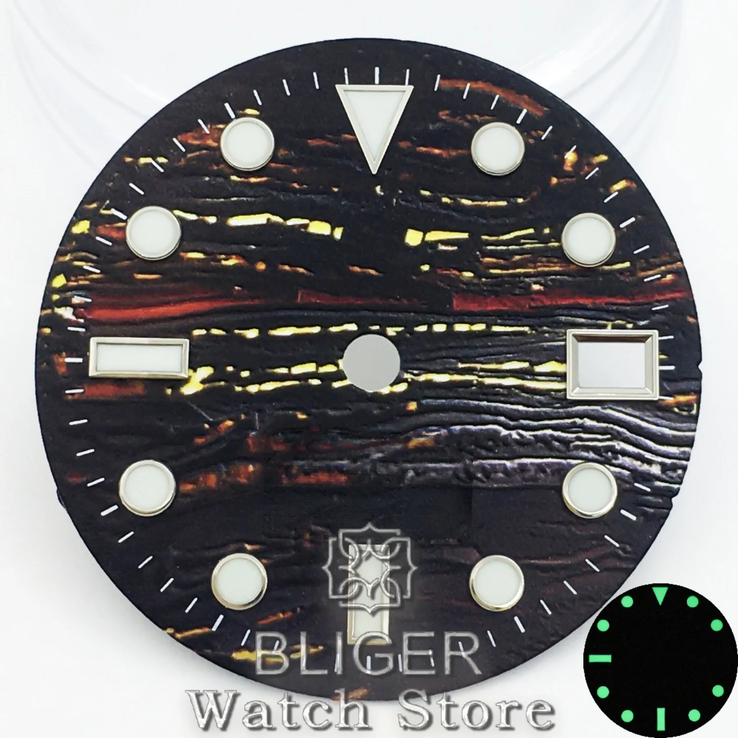 BLIGER 29 мм Lron Tiger's Eye Модифицированный циферблат для дайвинга Высокое качество Зеленый светящийся подходит для механизма NH34 NH35 может индивидуальный текст логотипа