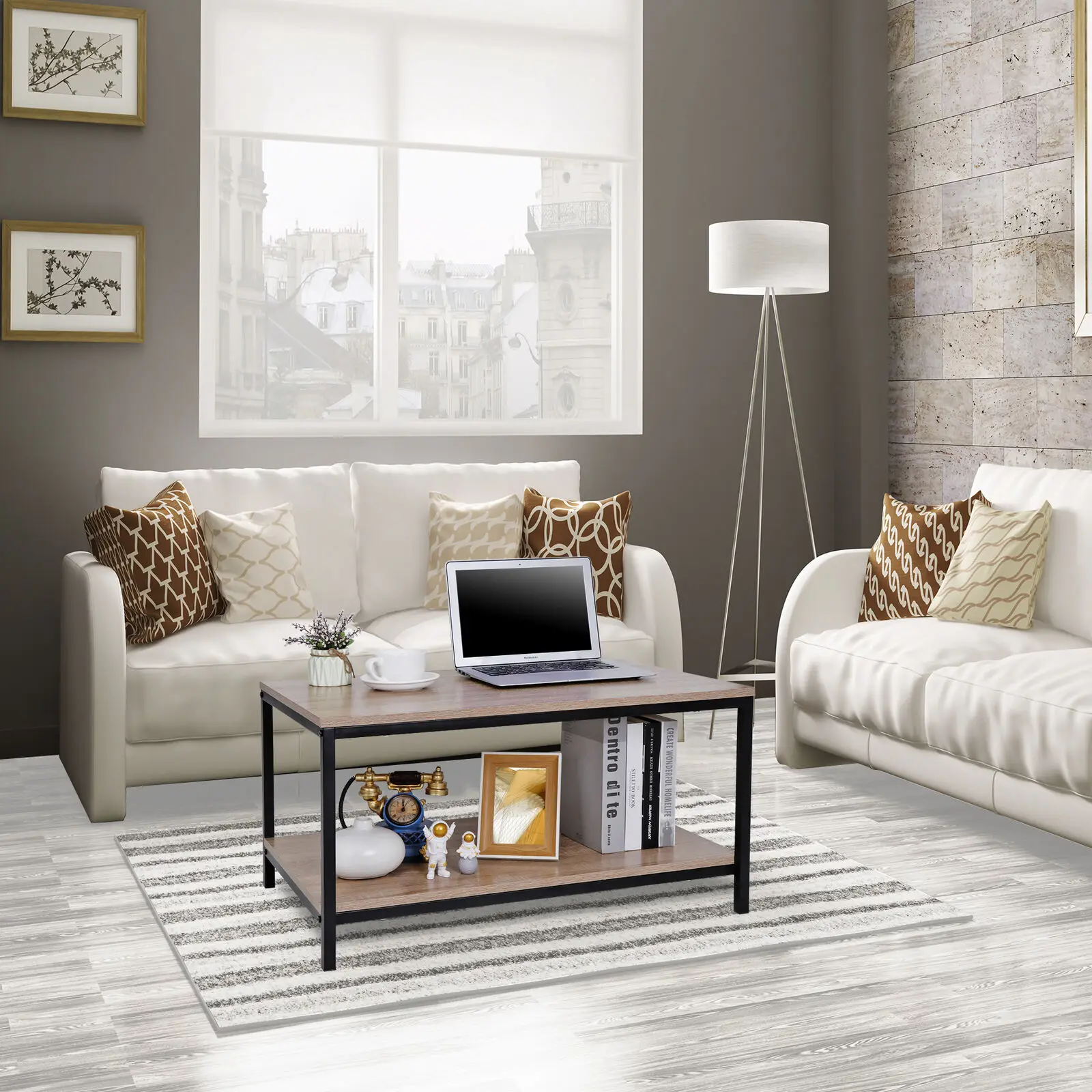 

31'' Modern Coffee Table with Storage Shelf Metal Feet Living Room Home Indoor