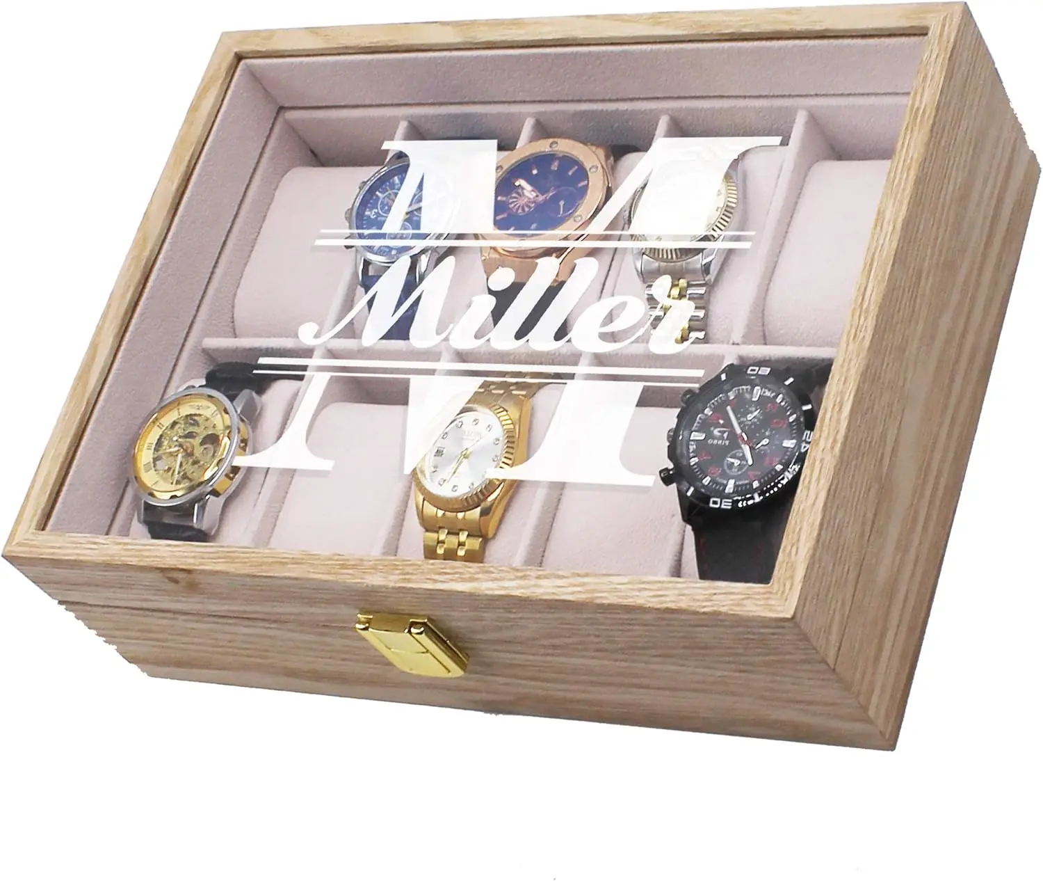 Personalized Engraved Watch Box for Men - Custom Wooden Gift with Glass Top, Holds 10 Watches