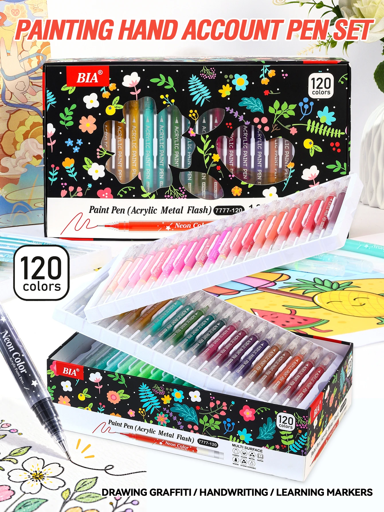 Bia 120-Color Painting and Journaling Pen Set, Colorful Acrylic Markers with 1.0mm Ultra-Fine Tip, Stackable Colors (Acrylic Metallic Glitter) for Drawing, Doodling, Handwriting, and Learning. Precise, Smooth Lines, Suitable for Detailed Descriptions, Outline Drawing, and DIY Painting, Journaling, and Art Projects