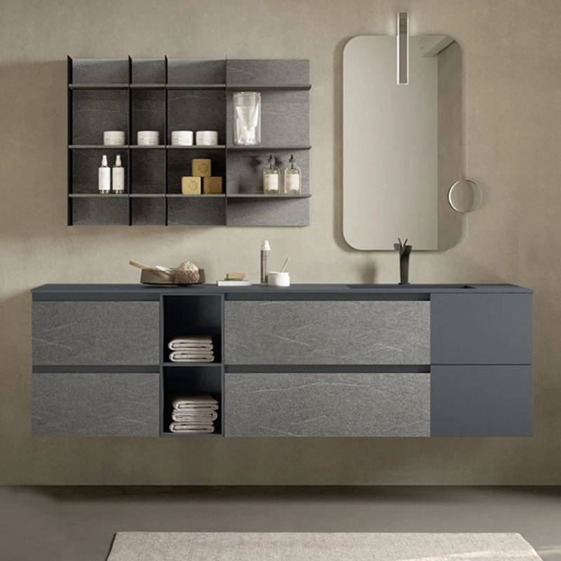 Villa large cement gray double basin wash basin table, bathroom, wall, mirror cabinet