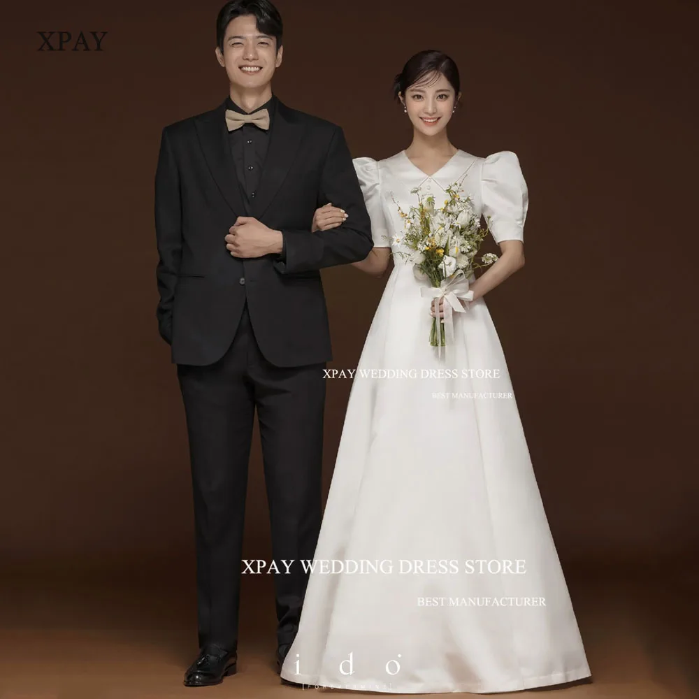 XPAY V Neck Simple Korea Wedding Dresses Short Lantern Sleeves Bridal Gowns Customised Floor Length Satin A Line Bride Dress