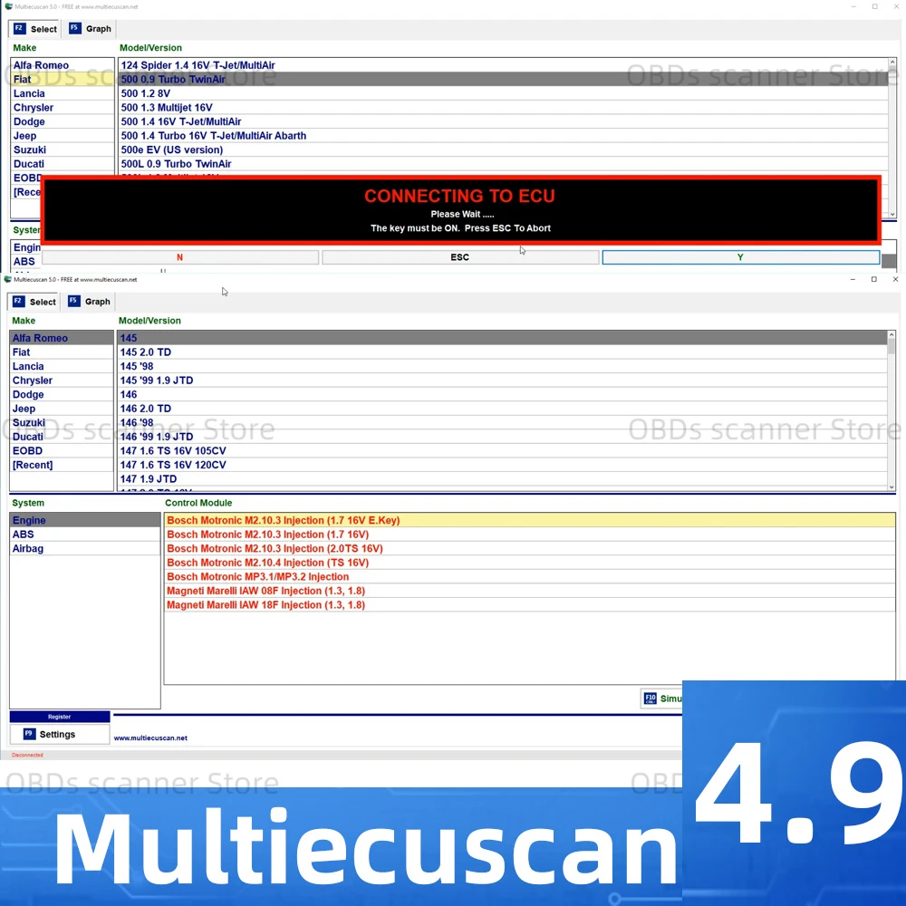 2023 MultiEcuScan V4.9 Auto Repair For Fiat Connector Multi-Ecu-Scan 4.8 Register Work With ELM327 Multi EcuScan OBD2 Diagnostic