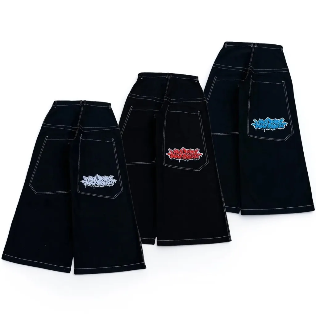 

Y2k Baggy New Wexwear Stripes Black Pants Embroidered Jeans Streetwear Men Harajuku Hip Hop Women High Waist Wide Trouser