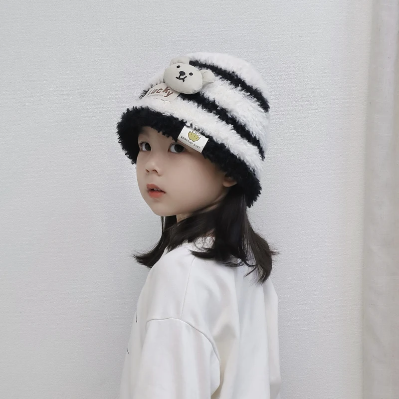 Autumn Winter Lovely Cartoon Bear Stripe Baby Fisherman HatS For Kids Boys Girls Soft Warm Ear Protection Children Bucket Caps