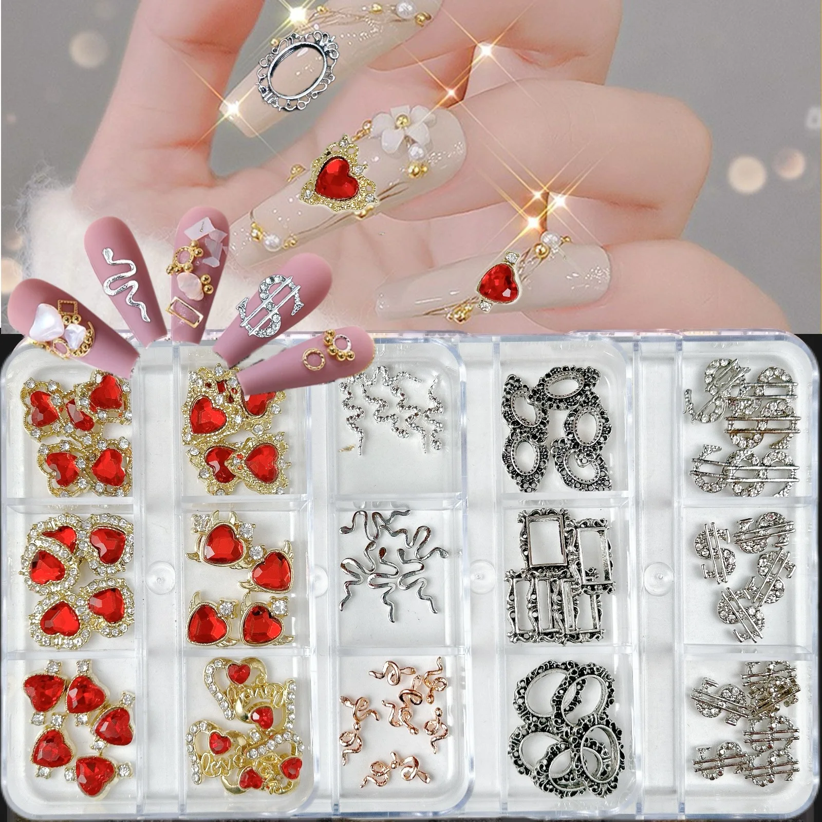 Conjunto de strass para arte em unhas, 6 grades, caixa de liga de luxo, coração, laço, cereja, acessórios para unhas, pedras brilhantes, faça você mesmo, amuletos de unhas