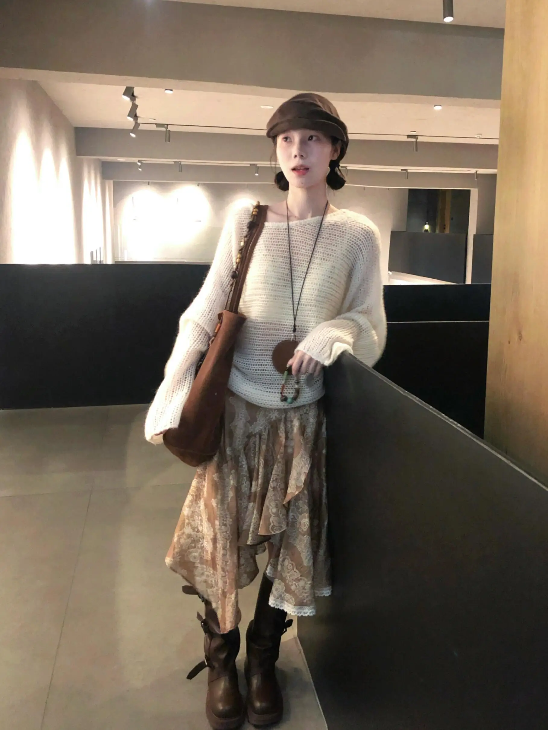 Retro American Lace Print Asymmetrical  Linen Half Skirt Women's Spring Autumn New Style High Waist Casual Skirt