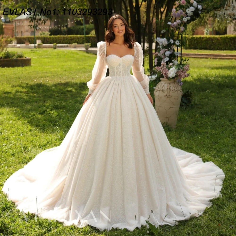 

EVLAST Customized Glitter A Line Wedding Dress Lace Applique Diamond Crystal Beaded With Cape Bridal Gown Robe De Mariee TBD100