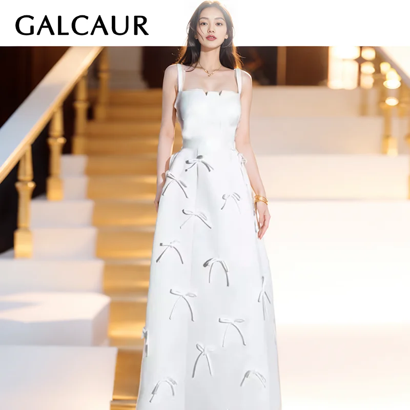 

GALCAUR Patchwork Bowknot Dresses For Women Square Collar Sleeveless High Waist Slimming Camisole Solid Long Dress Female Summer