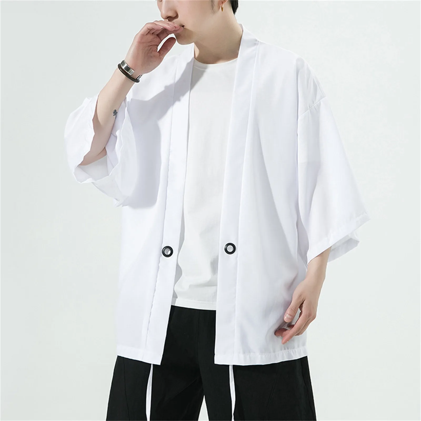 

Summer Sun Protection Clothes Solid Color Cardigan Oversized Loose Half Sleeve Kimono Jacket Men's Fashionable Windbreaker