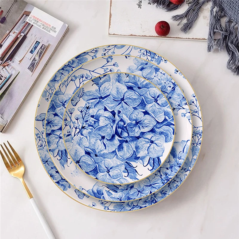 Blue Hydrangea Plate, Golden Rim Japanese Design Saucer Soup Tray Bowl, Coffee Cup And Saucer Set, Mug With Handle,Cake Stand