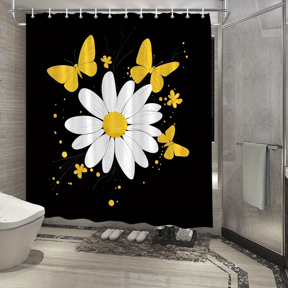 

1 шт. современная занавеска для душа с цветочным принтом и белыми ромашками и желтыми бабочками на черном фоне - 70,8x70,8 дюймов, декор для ванной комнаты