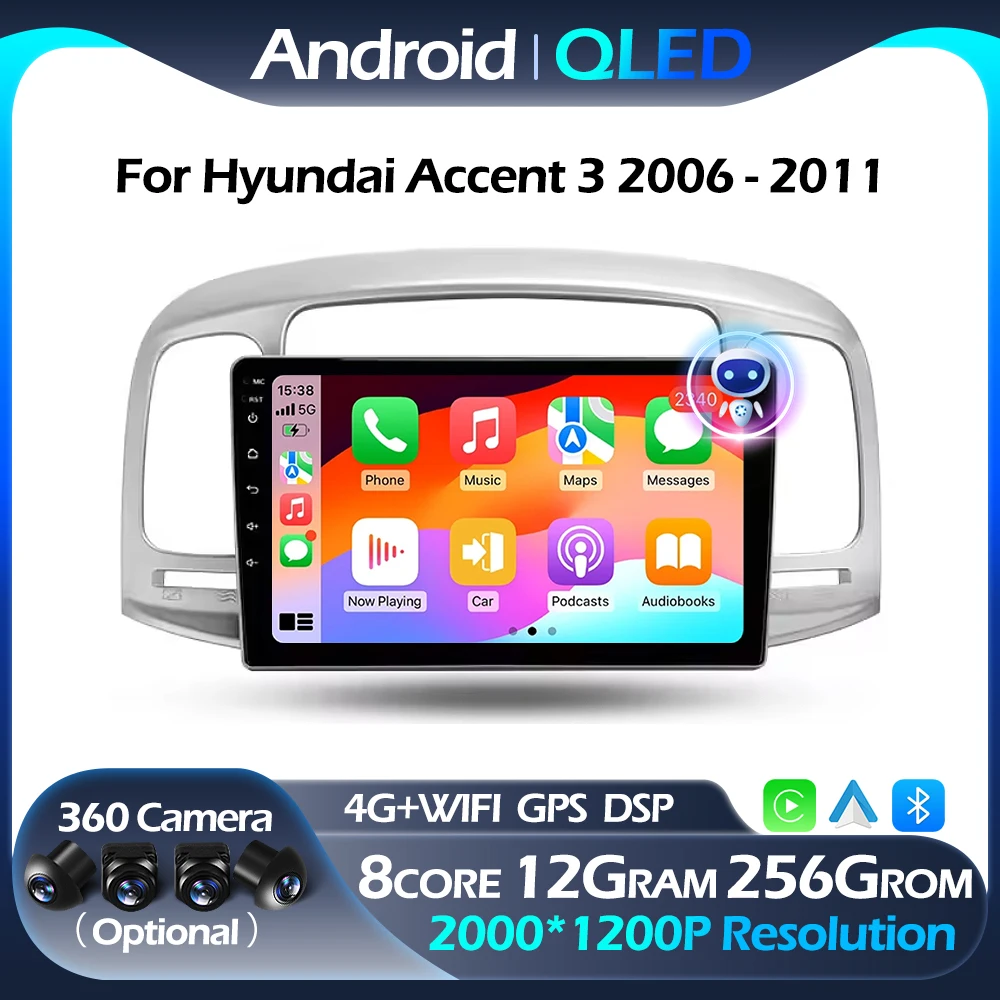

FM DSP Car Radio For Hyundai Accent 3 2006 - 2011 Multimedia Navigation Player QLED WIFI Android Auto CarPlay 4G Bluetooth