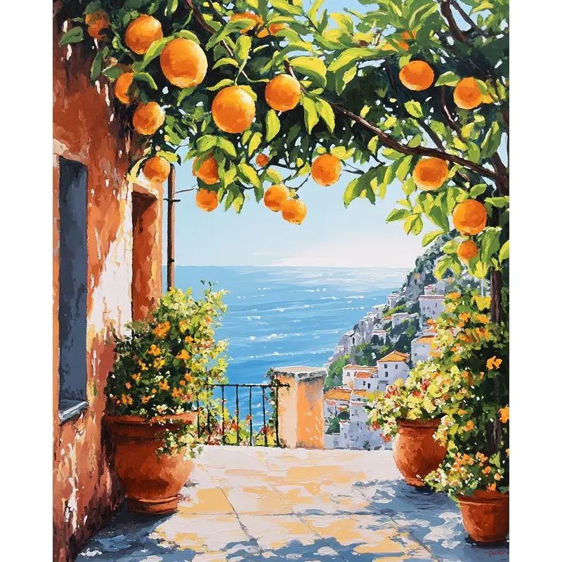 

PhotoCustom Paint By Numbers Kit Seaside Courtyard Diy Acrylic Painting By Number Landscape For Adult Home Decor
