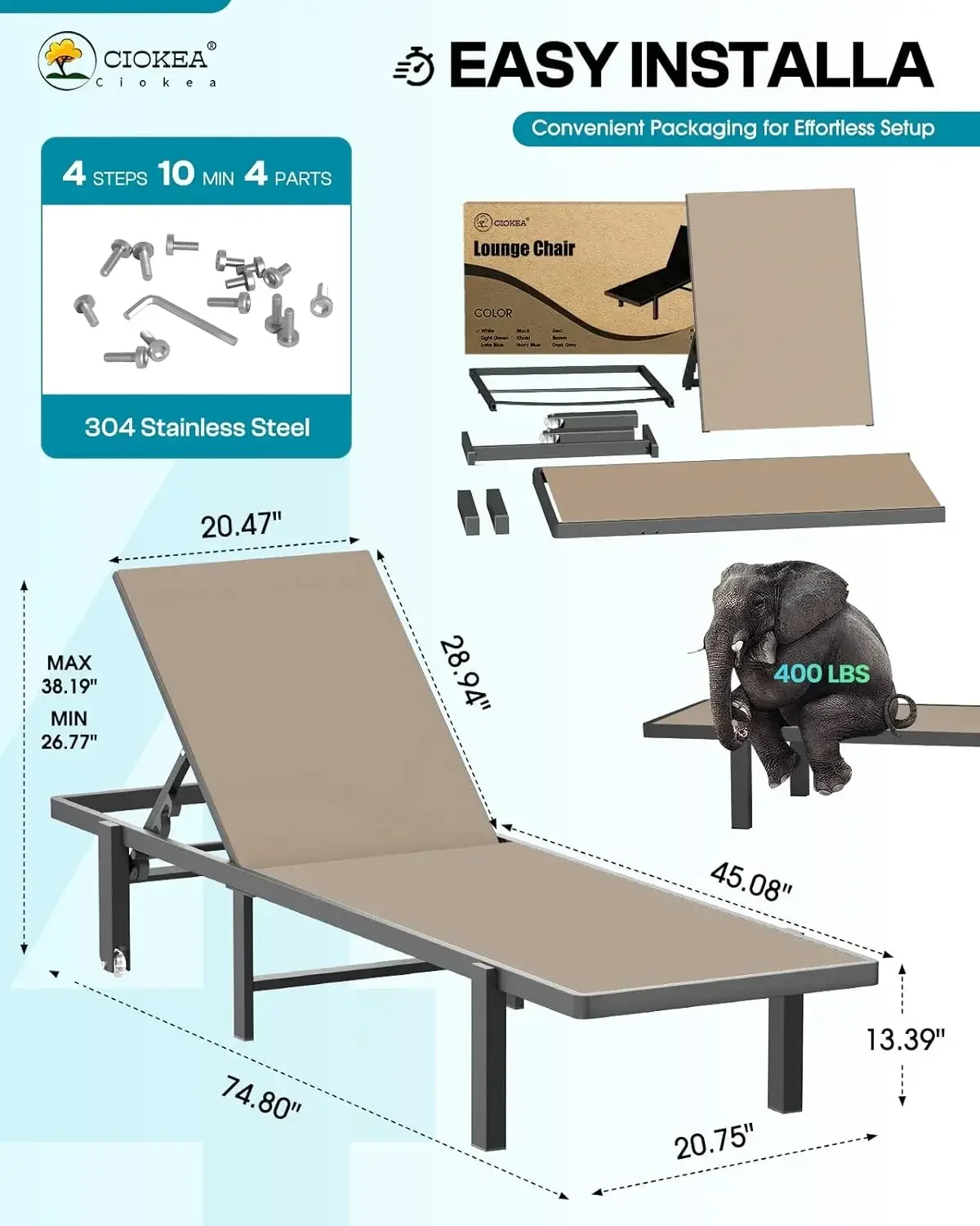 Chaise Lounge Chair Outdoor with Wheels, Patio Lounge Chair with Adjustable 5-Position Recliner and Full Flat Tanning Chair for