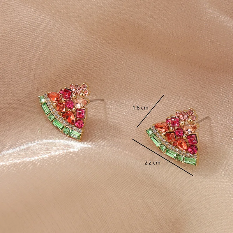 1.8*2.2cm Glass Beads Inlaid Water Melon Design Stud Earrings for Women Cute Tiny Watermelon Fruit Stud Earrings with Rhinestone