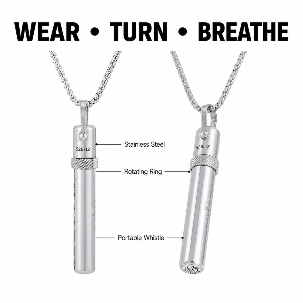 Stainless Steel Breathing Necklace 528Hz Tone Whistle Pendant Rotating Focus Ring For Meditation Yoga Travel Gift 06