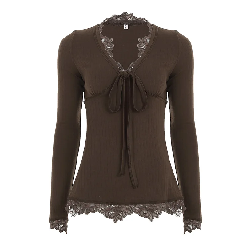 

Темно-коричневый кружевной топ с длинными рукавами и завязками спереди. Женские топы с завязками спереди. Модная однотонная облегающая футболка с длинным рукавом.