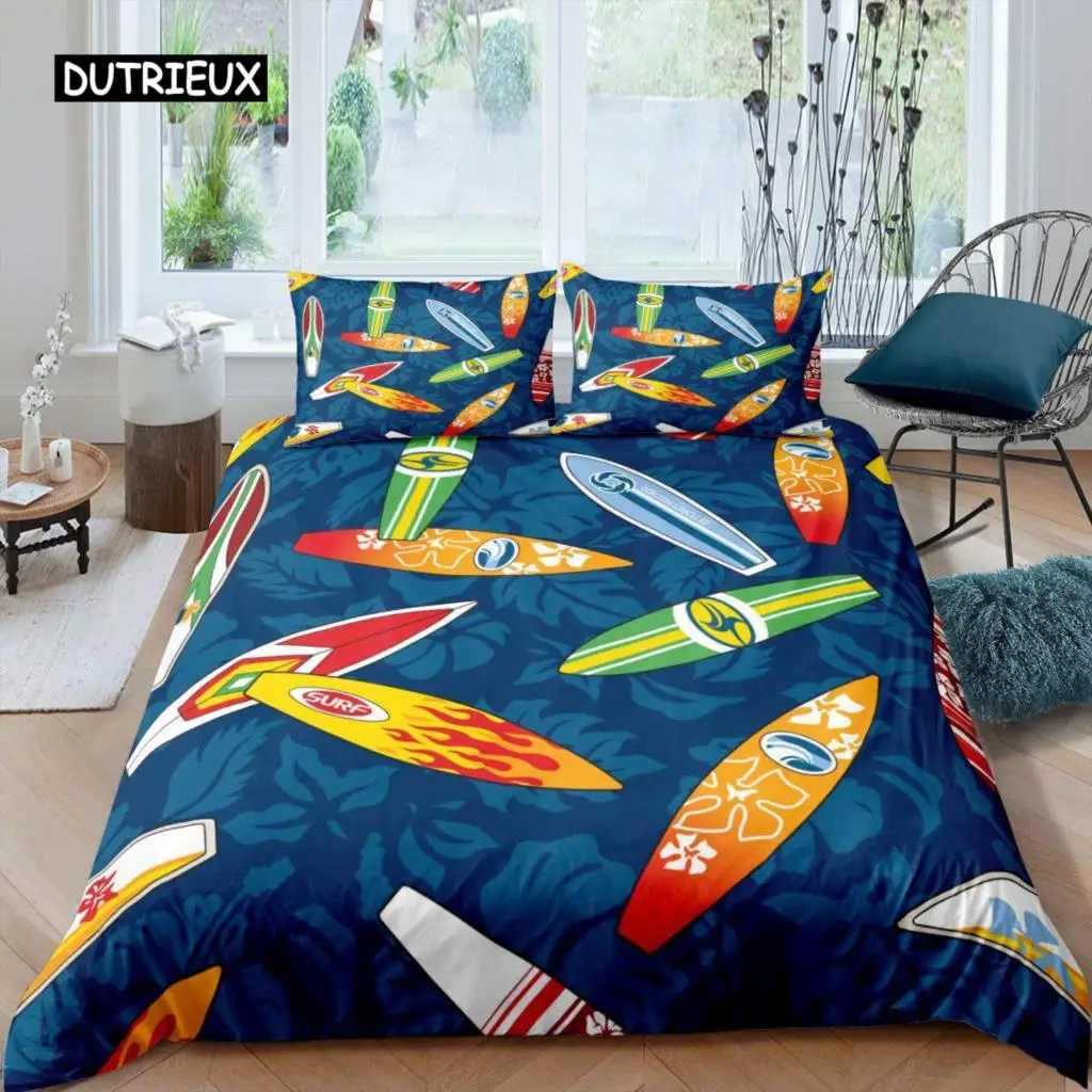 

Surfboard Duvet Cover Set Surfing Theme Comforter Cover Extreme Sports Games Blue Oceean Cartoon Style Bedding Set with Zipper