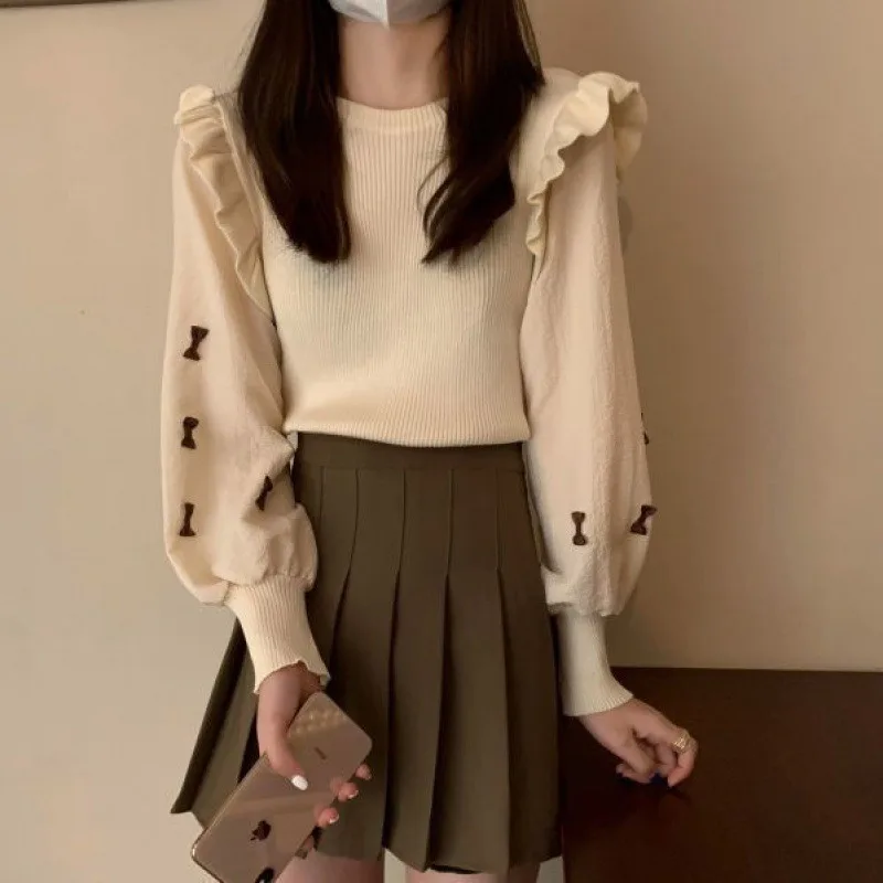 New Women's O Neck Lantern Sleeve Spliced Sweater Korean Sweet Casual Knit Tops Bow Printed Pullover Soft Slim Knitwear Jersey