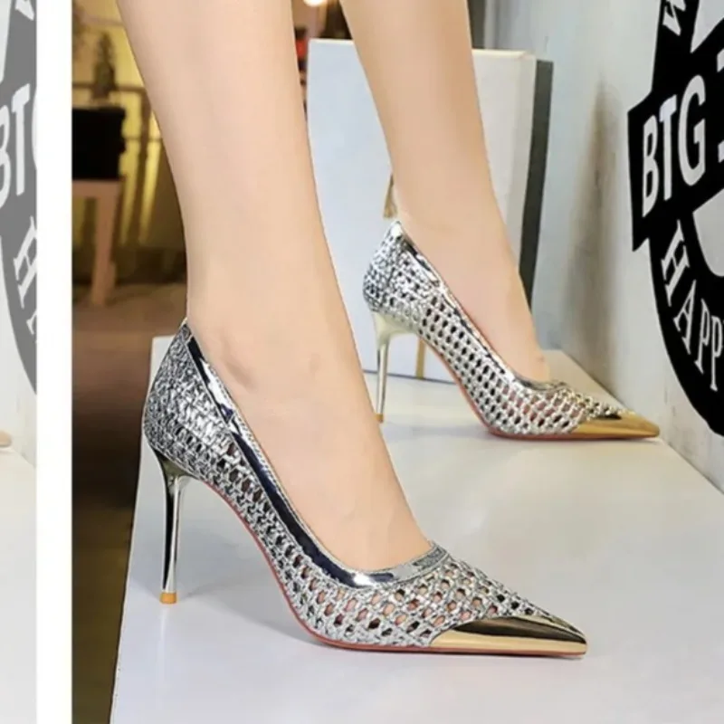 

9.5cm Fashion High Heels Weave Hollow Metal Tip Womens Stiletto Pumps Designer Party Wedding High Heeled Shoes for Women Tacones