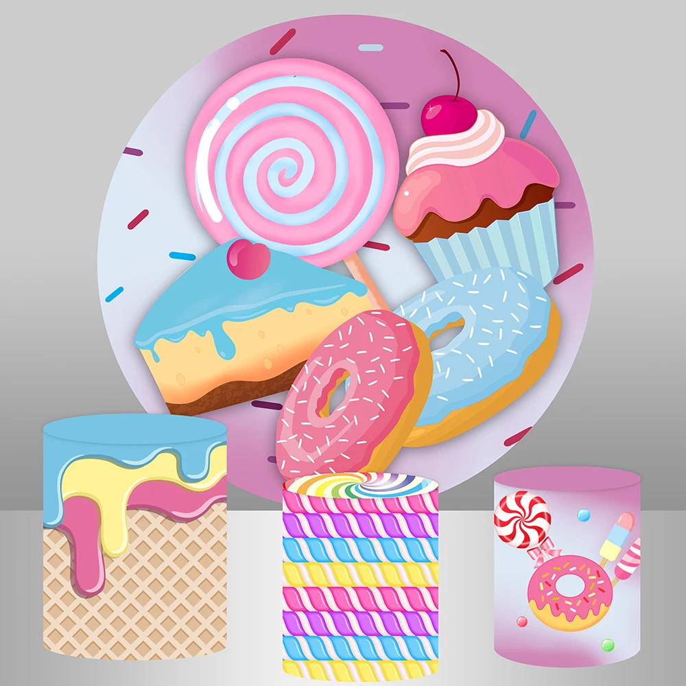 

Sweet Baby Birthday Donuts Candy Round Circle Backdrop Banner Ice Cream Cupcake Party Photo Background Cake Table Plinth Covers