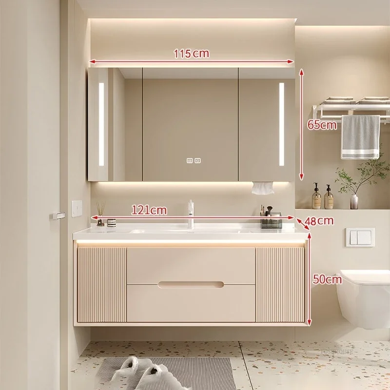 Modern Simple Bathroom Cabinets Ceramic Integrated Basin Solid Wood Sink Cabinet Combination Smart Wash Basin Furniture