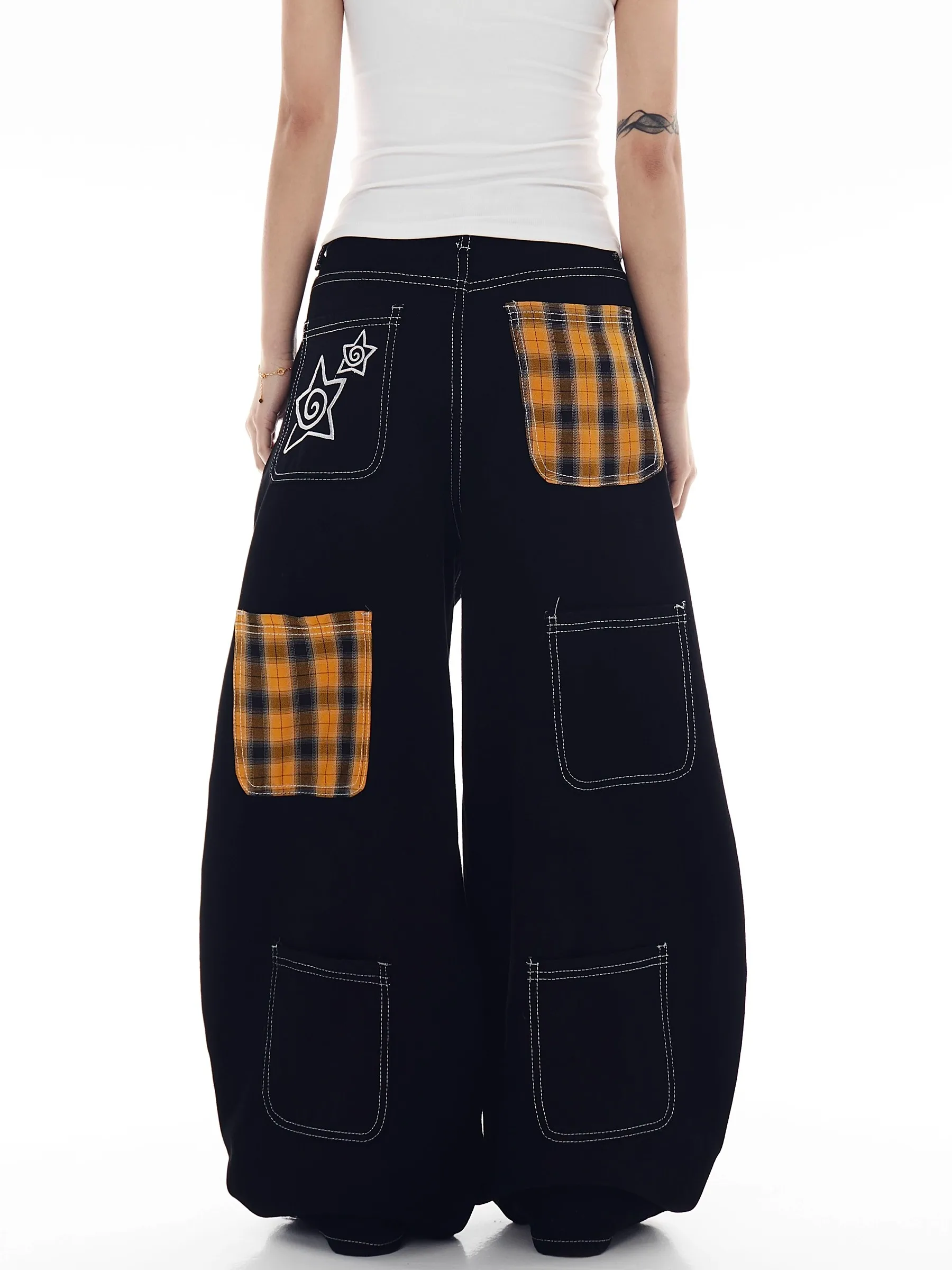 

Y2K American Retro Checkered Patchwork Jeans Women Curved Knife Multi Pocket Wide Leg Work Pants Trendy Brand