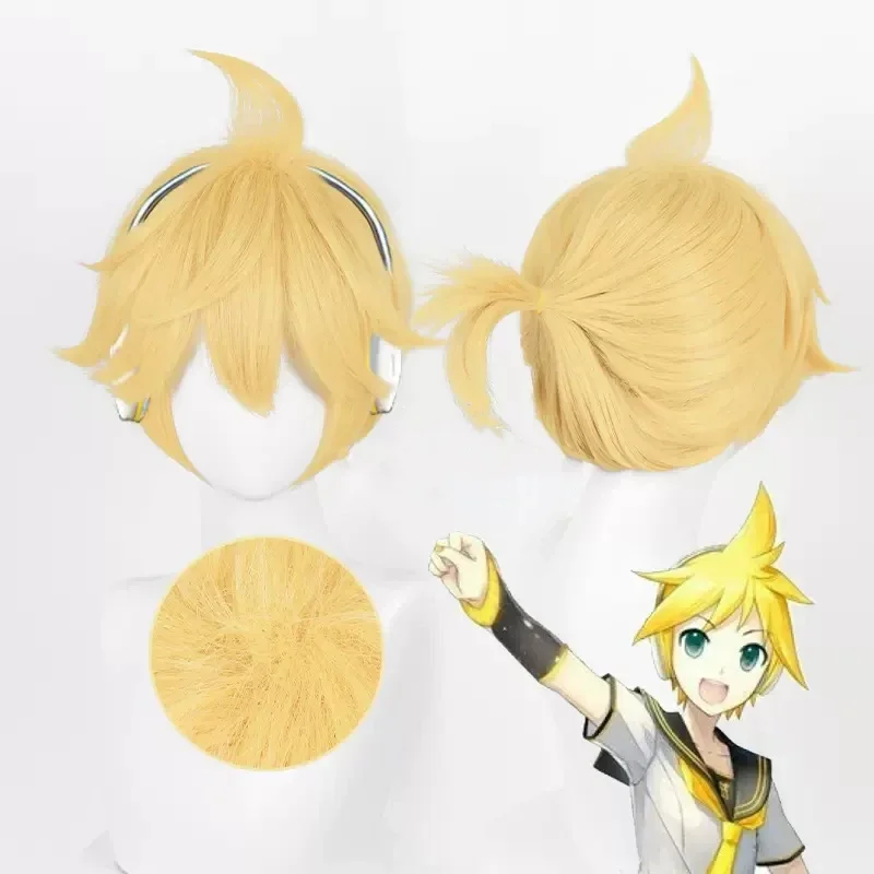 Kagamine Rin Len Anime Cosplay Wig, peruca L-email, peruca amarela dourada curta, perucas de moda resistentes ao calor, 30cm