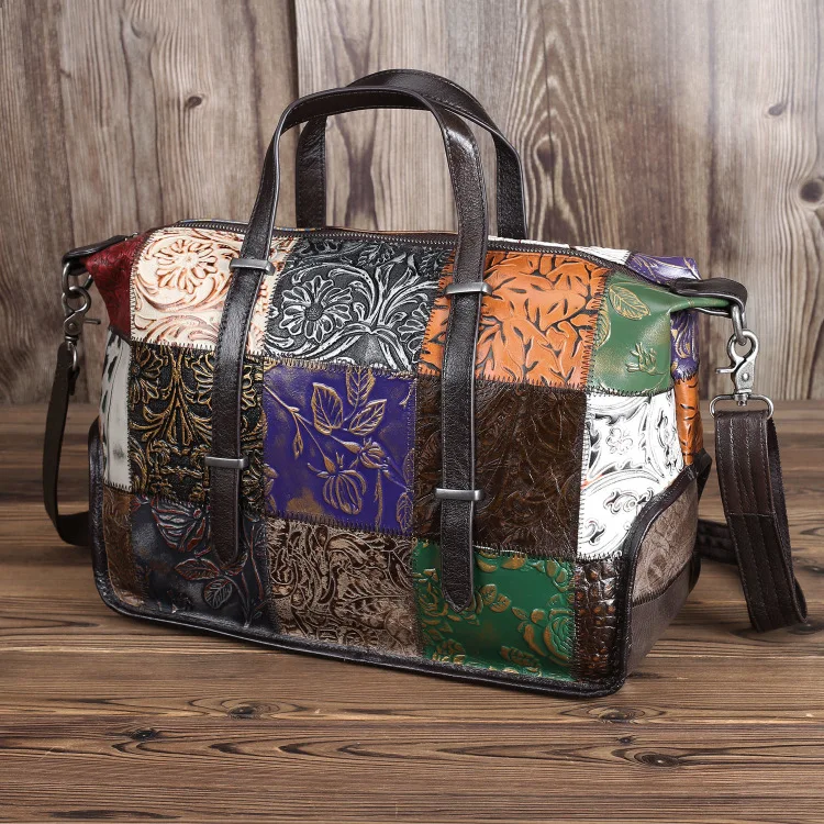 Edgy Color-Blocked Leather Travel Tote, Top-Grain Cowhide Convertible Shoulder & Crossbody Bag for Women