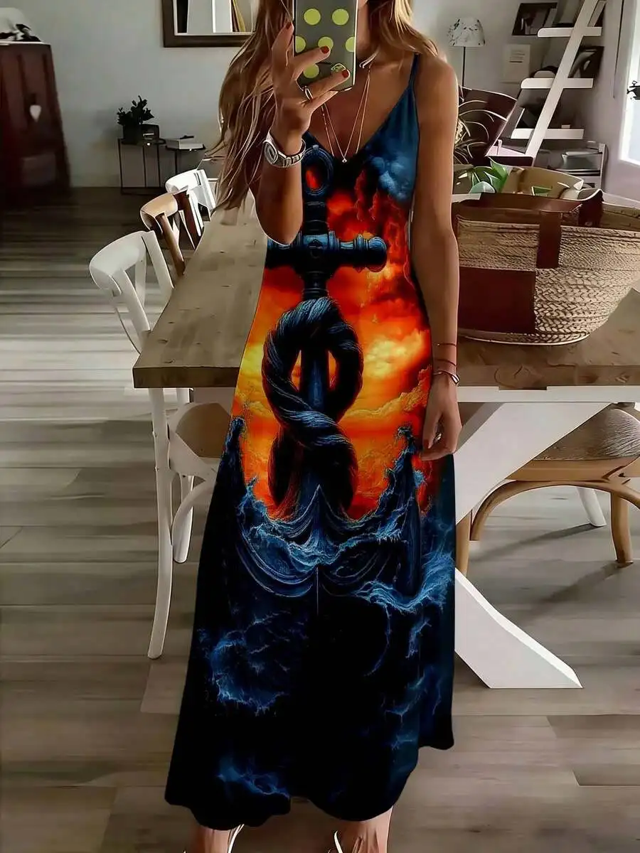 

Fire And Ice Anchor Print Sleeveless Maxi Dress Deep V Neck Women Casual