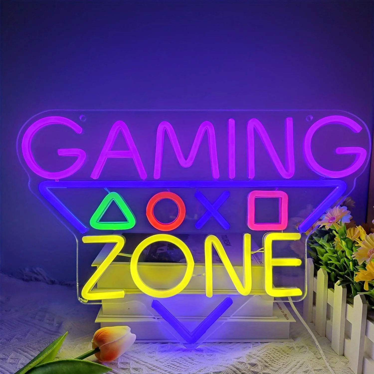 Gaming Zone LED Neon Sign Colorful Controller Symbols USB Powered Game Room Wall Art Gamer Birthday Gift Streamer Setup Decor
