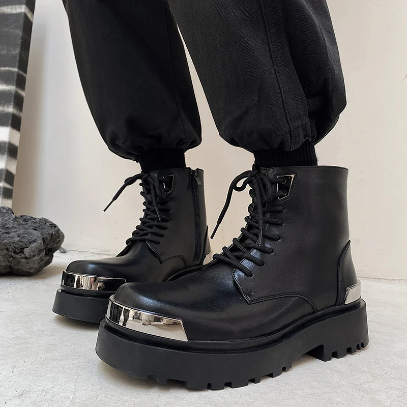 British Style Black High Top Boots Men Fashion Chunky Platform Boots Women Men Luxury Leather Shoes Punk Motorcycle Tooling Boot