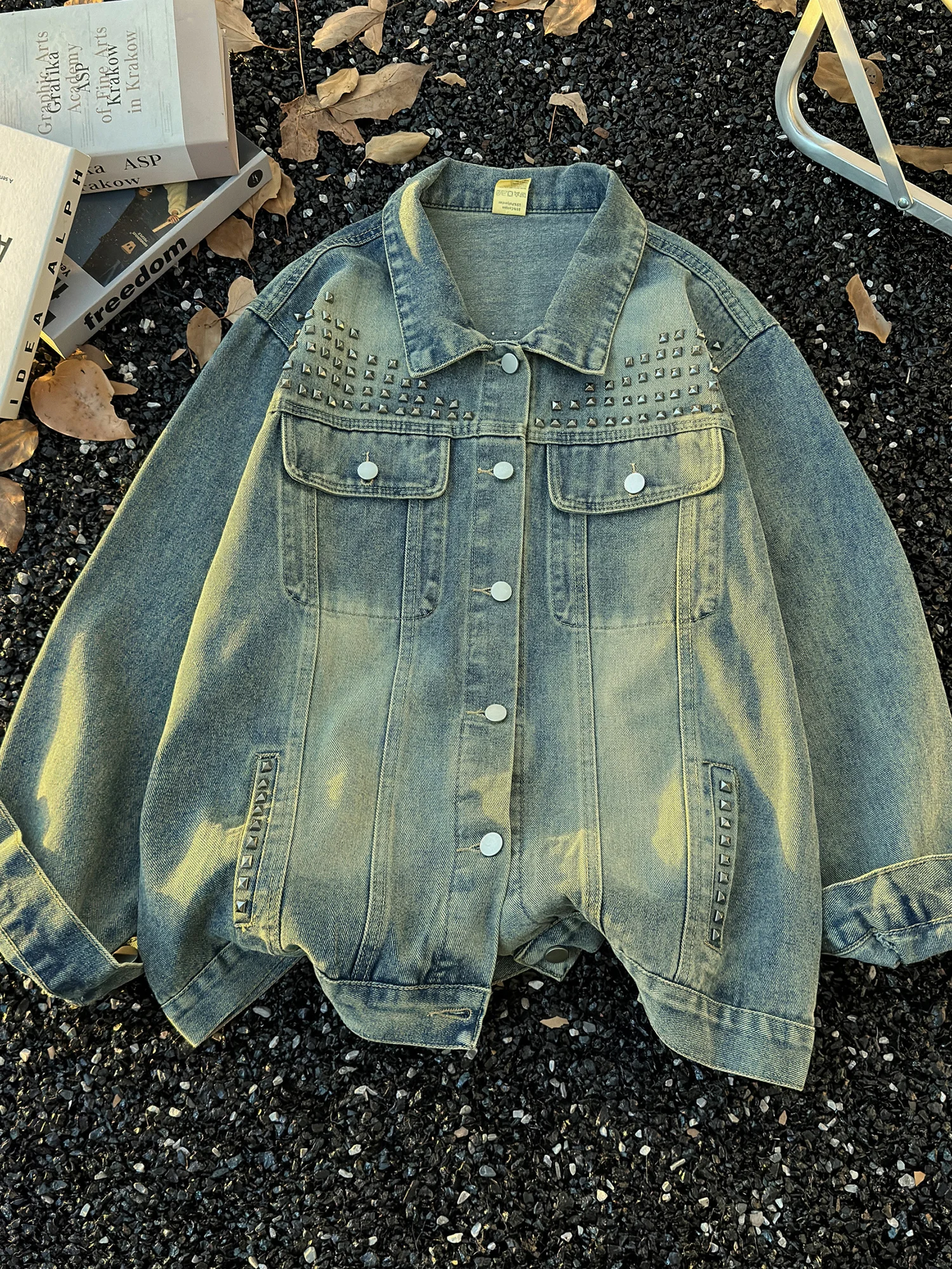 

Retro American Waed Heavy Du Rivet Denim Jaet Men's Casual Loose Fit Spring Autumn High End Trendy irt Jaet