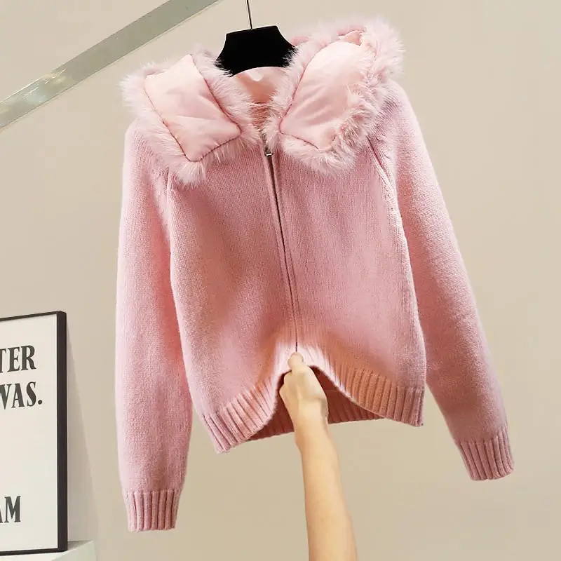 

Модный вязаный топ с капюшоном и отстегивающимся меховым воротником, с прочной молнией, в стиле «Маленький Француз», универсальный и трендовый