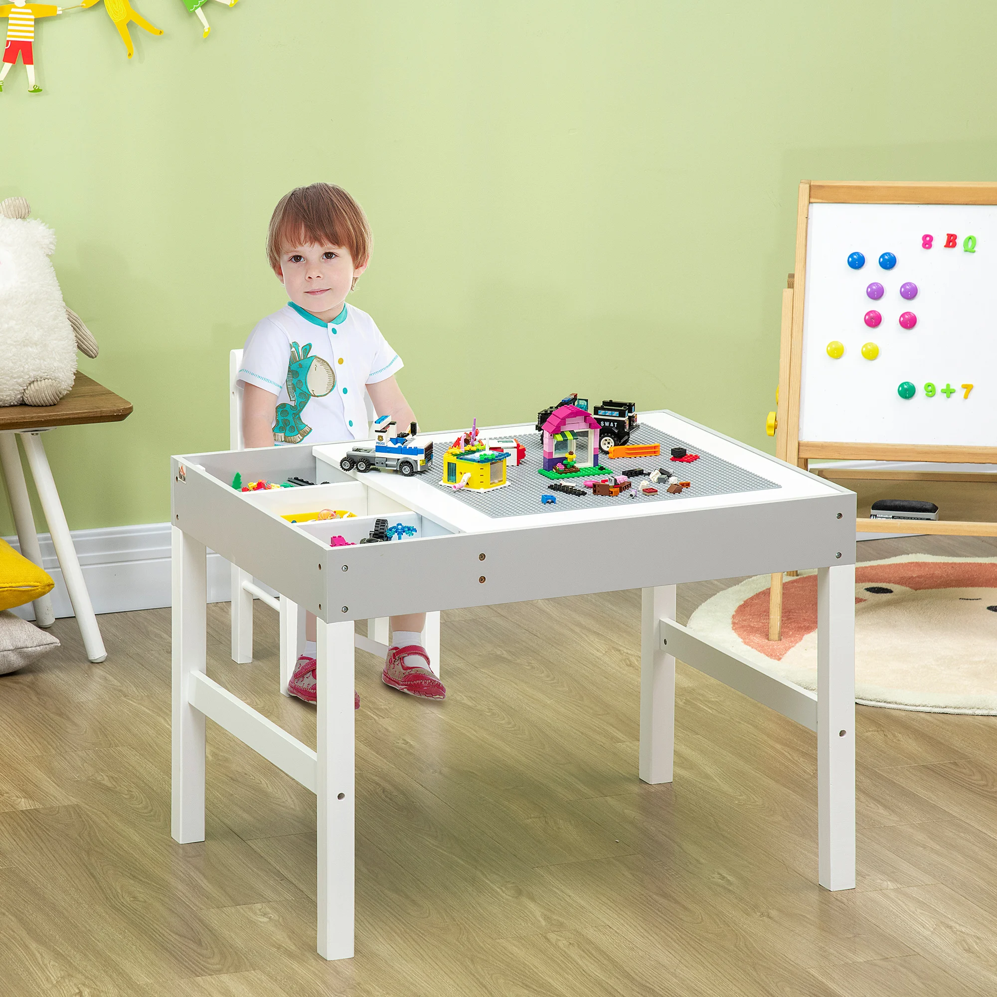 Kids Table and Chair Set with Building Blocks Desktop, Storage Spaces, Grey