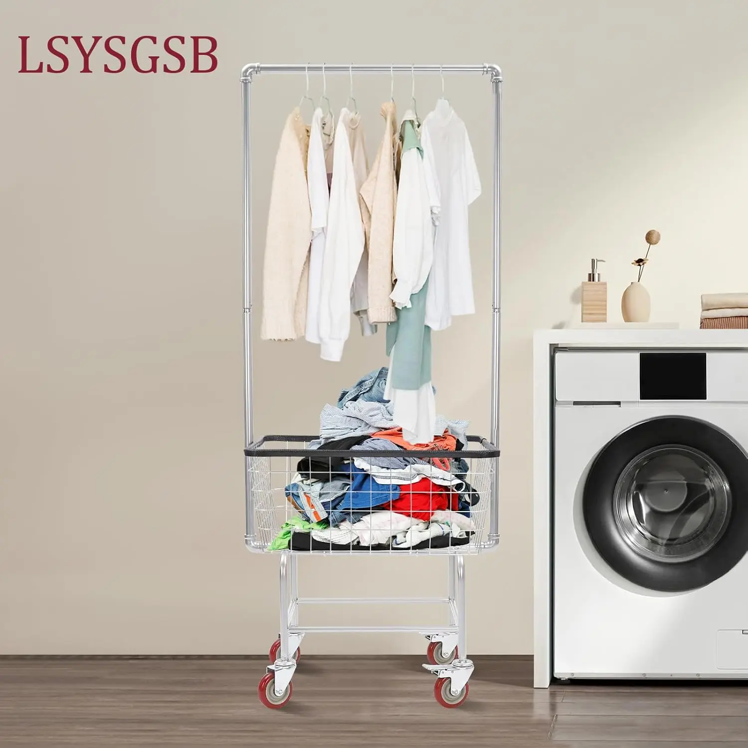 Laundry Cart with Hanging Rack, Wire Laundry Basket With Wheels 27''x22''x67'', Commercial Wire Laundry Basket Cart With drying