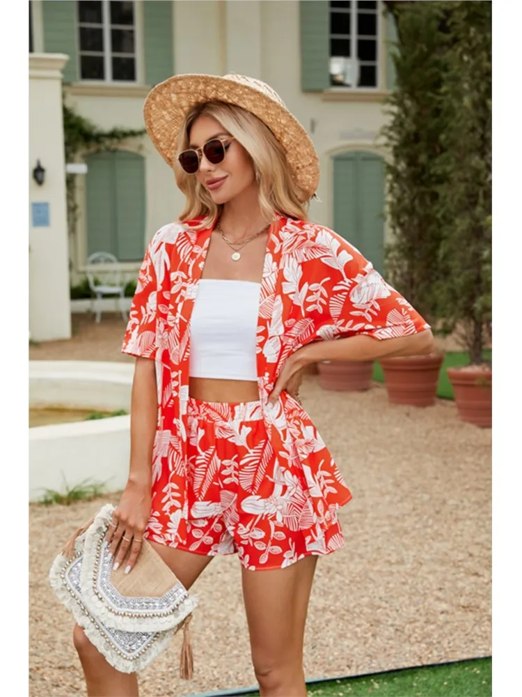 Summer Casual 2 Piece Set Women\'s New Floral Print Short Sleeve Shirt Top Elastic Waist Shorts Set Fashion Elegant Loose Suit