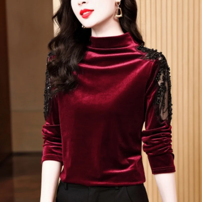 High Quality Half High Neck Women Slim Velvet T-Shirt New Fashion Beading Embroidered Long Sleeve Shirt Spring Femme Tees Top