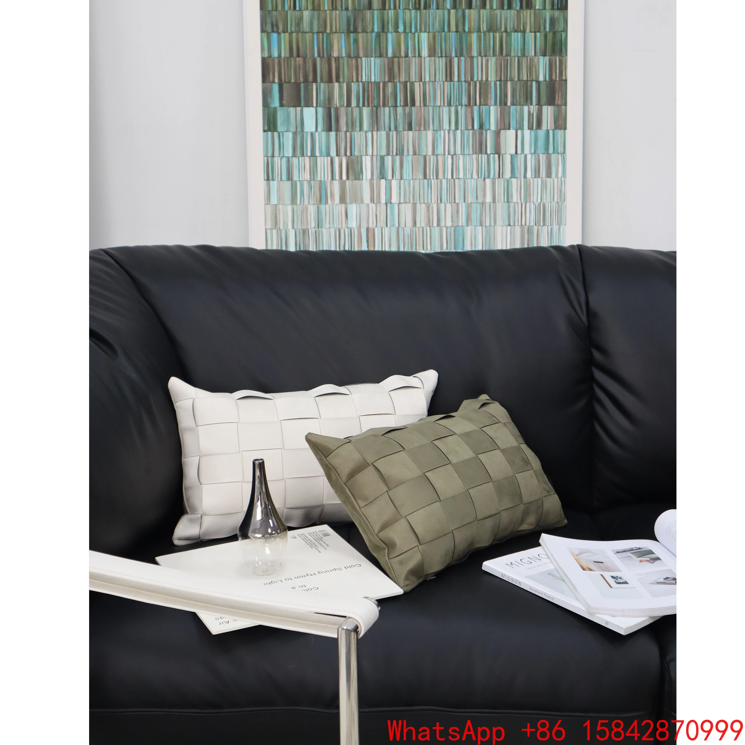 

Olive green woven pattern plaid waist rest design throw pillow