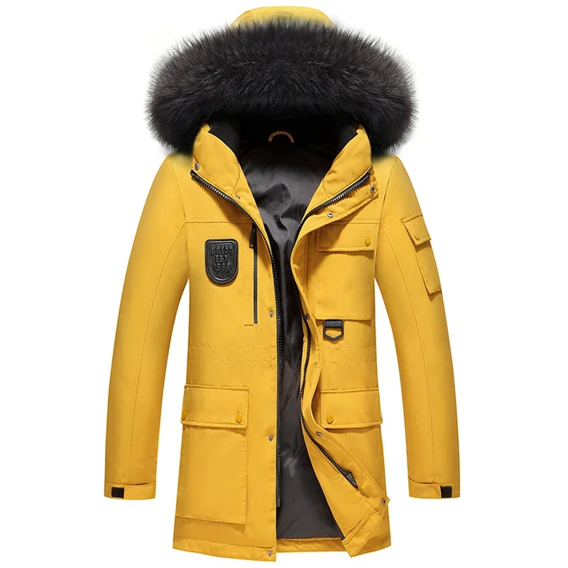 Winter Fur Collar Down Jacket 90% White Duck Down Long Style Hooded Coat Outdoor Multi-pocket Design Ski Jacket Couples Clothing