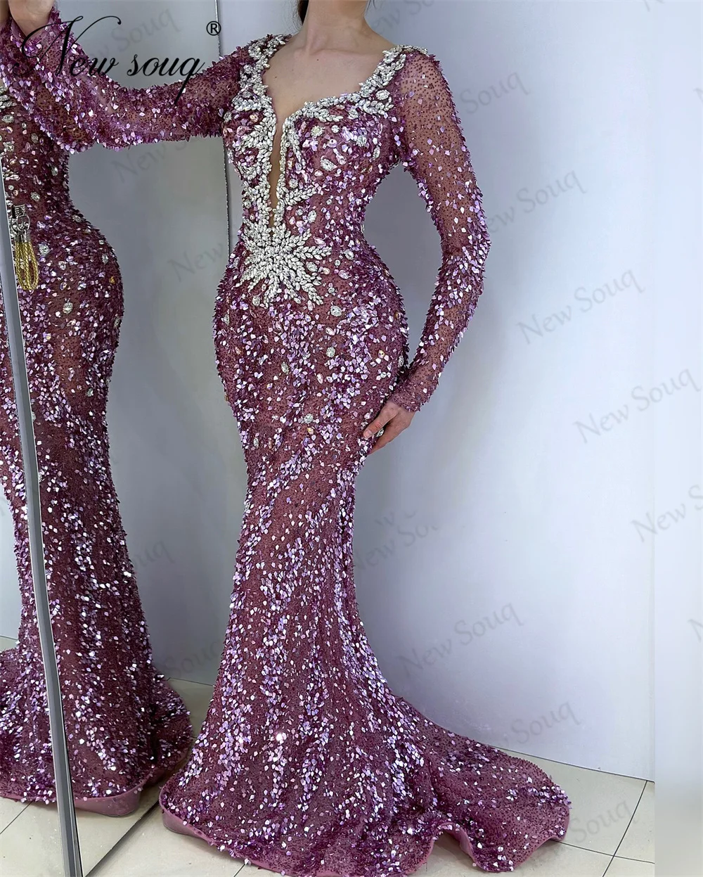 Middle East Long Sleeves Wedding Party Dresses Robes De Soiree Mermaid Beading Crystals Evening Dress Women Engagement Gowns