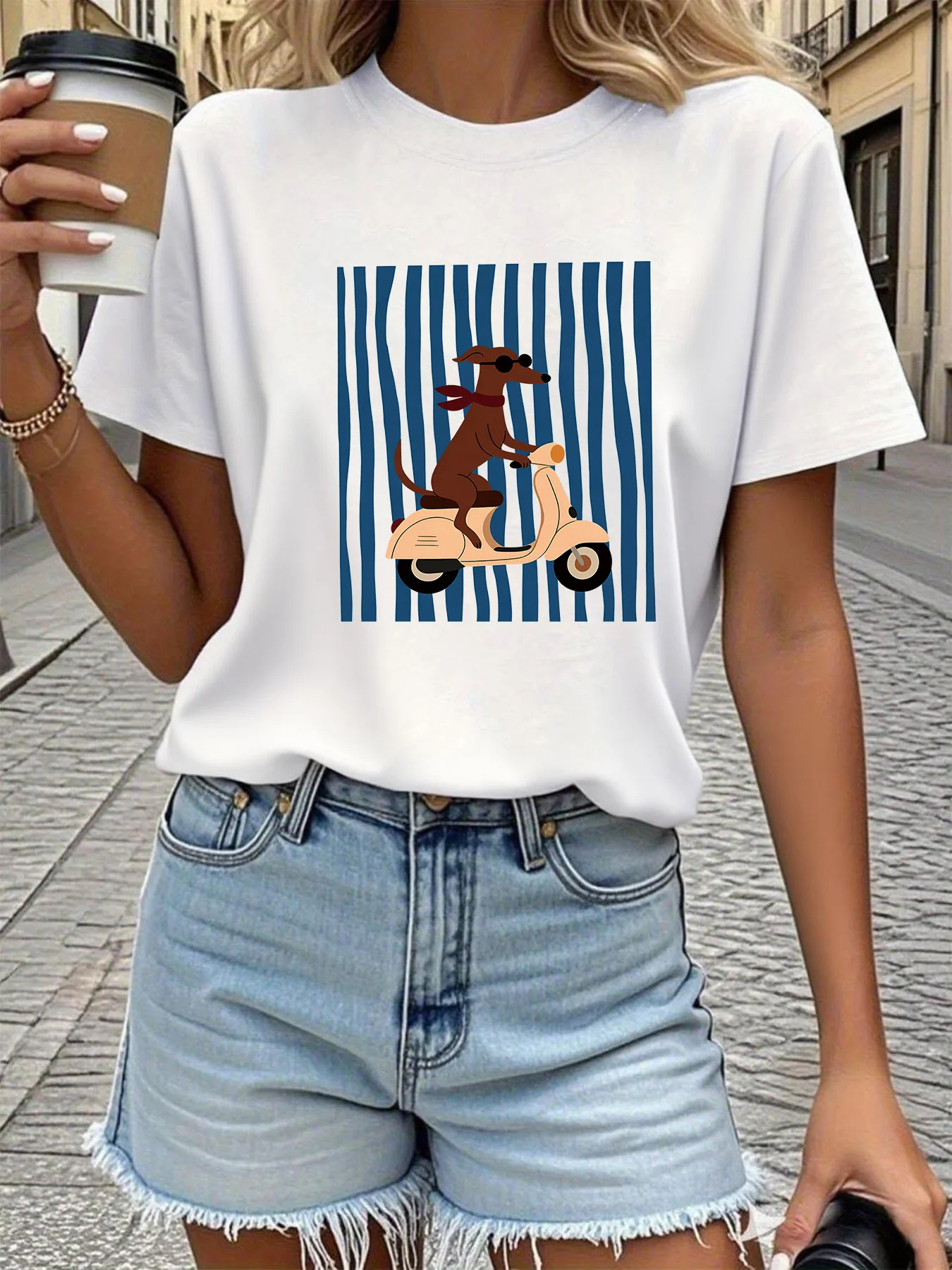 Vintage Dachshund Wearing Sunglasses Riding Scooter Striped Background Graphic Print Women's T-Shirt Casual Tops Clothes Female