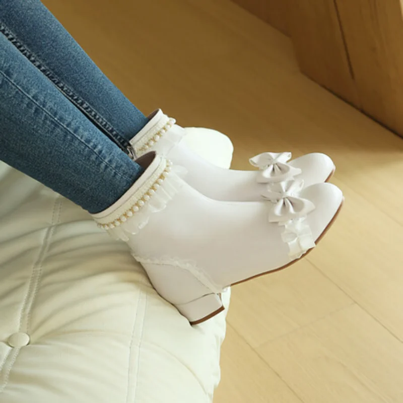 Women Boots 2024 New Winter Girls Booties Thick Heel Low-heel Short Boots Side Zip Beads Bow Botas Mujer Shoes 31-43 Pink White image 4